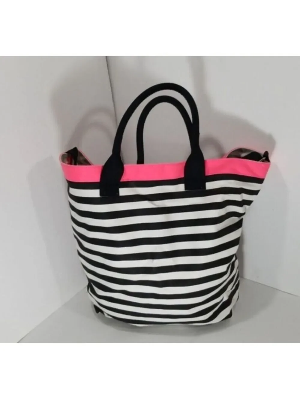 Victoria's Secret Black and White Striped Tote Bag with Pink Accents and Front P